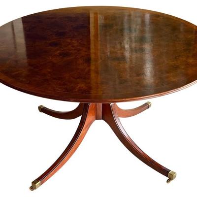 Vintage Regency Style Round Pedestal Dining Table With Brass Feet And Casters 