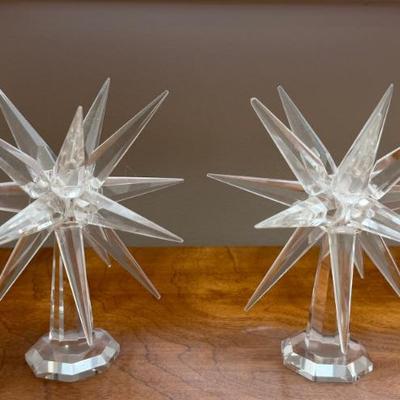 (2) Crystal Atomic Star Point Candle Holders - (1) As Is