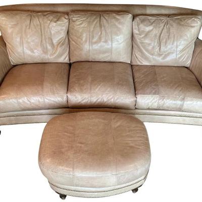 Ferguson Copeland, Ltd. Camel 3 Cushion Nail Head Trim Couch With Matching Ottoman And Brass Capped Wood Legs