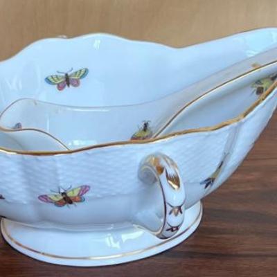 Vintage Hand Painted Herend Hungary Rothschild Bird Porcelain Gravy Boat With 24k Gold Accents And Ladle 