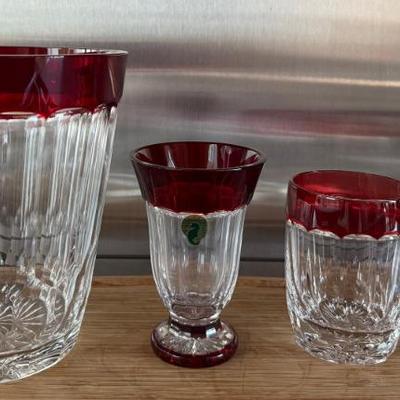 (2) Waterford Crystal Made In Hungary Ruby Red And Clear Ice Bucket And Vase, And (2) Red And Crystal Glasses