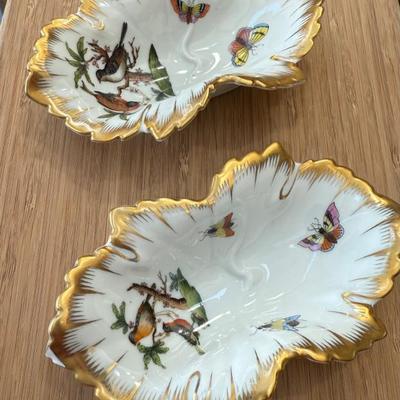 (2) Hand Painted Herend Hungary Birds And Butterfly 24k Gold Rim Dish
