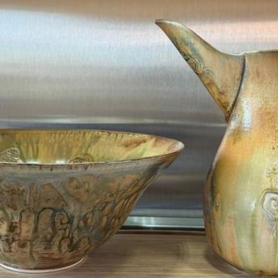 Studio Pottery Signed Glazed Pitcher And Bowl 
