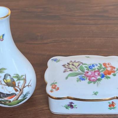 Vintage Hand Painted Herend Hungary Porcelain Bud Vase And Lidded Trinket Dish With 24k Gold Accents 