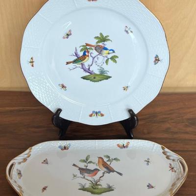 Vintage Hand Painted Herend Hungary Rothschild Bird Porcelain Handled Tray And Platter With 24k Gold Accents 
