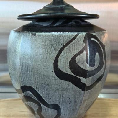 Large Stoneware Footed Black &  Gray Lidded Raku Jar 