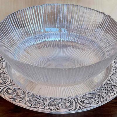 Large Wilton Solid Pewter Tray With A Ribbed Glass Punch Bowl