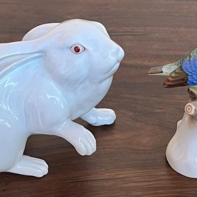 (2) Herend Hungary Hand Painted Porcelain Snow White Rabbit And Bird