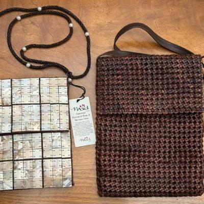 Mad Hand Made Mother Of Pearl And Seed Bead Bag And A Nunzio Brown Leather Woven Cross Body Bag