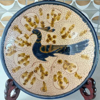 Hand Signed Studio Pottery Blue And Tan Bird Bowl