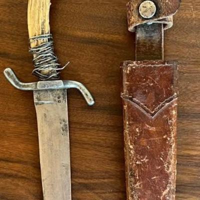 Vintage Silber-steel Stag Handle Fixed Blade Knife With Leather Sheath 