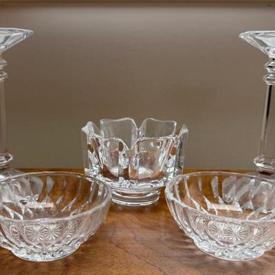 Orrefors Crystal Bowl, (2) Val Saint Lambert Bowls, And A Pair Of Crystal Candle Holders
