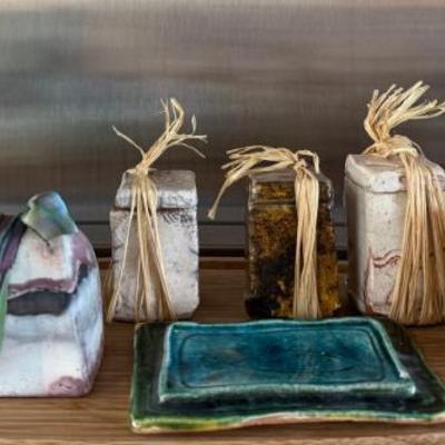 Studio Pottery Raffia Wrapped Boxes, Sinclair Jamaica Lidded Box, Salt And Pepper Shakers 