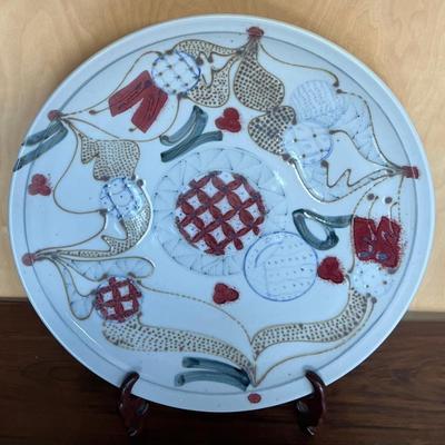 Large 21" Signed Studio Pottery Platter With Wooden Stand