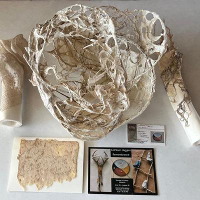 (3) Pieces Of Cathleen Higgins Fiber And Bone Art With Card