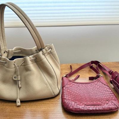 (2) Cole Hahn Leather Hand Bags - Red Woven Cross Body And A Tan Bucket Bag