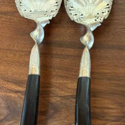 Pair Of Antique Mohd Salleh & Sons Ornate Silver Serving Spoon And Fork Set 