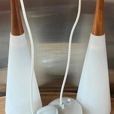 MCM Made In Italy Milk Glass Shade And Wood Pendant Light Fixtures