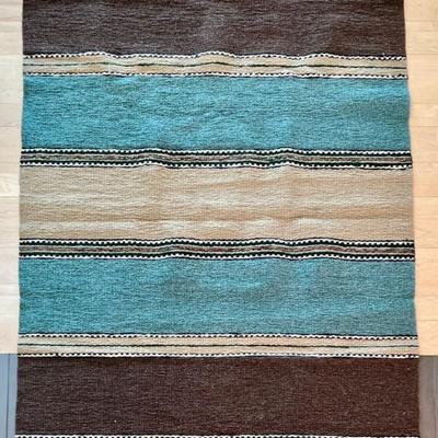 Vintage Hand Made Wool Striped 87" X 52" Rug With Fringe