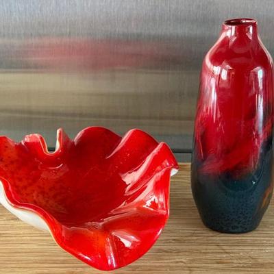 Royal Doulton Flambe Veires Red And Blue Bud Vase And A Murano Red Cased Art Glass Bowl