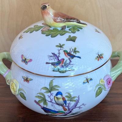 Vintage Hand Painted Herend Hungary Rothschild Bird Porcelain Tureen With 24k Gold Accents