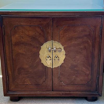 Vintage Henredon Fine Furniture Asian Influence 2 Door Night Stand With Brass Pull And Glass Top