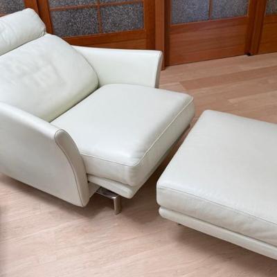 White Leather Modern Recliner With Ottoman And Silver Chrome Legs