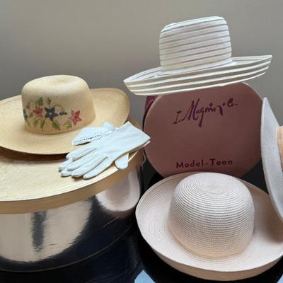 (4) Ladies Woven Paper And Flannel Hats- Talbots Embroidered, Betmar, And (2) Hat Boxes