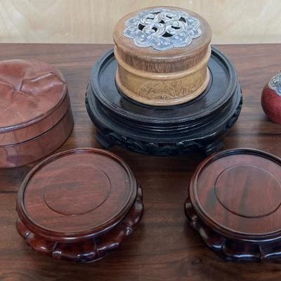 (6) Assorted Wood And Leather Foreign Trinket Boxes And Stands