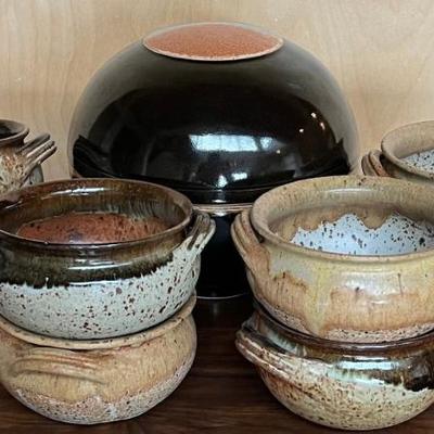 Vintage Signed Studio Pottery Lot - Lidded Sphere, (8) Handled Soup Bowls