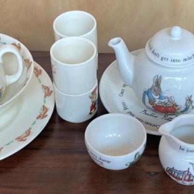 Assorted Royal Doulton Bunnykins And Wedgwood Peter Rabbit Dishware - Plates, Bowls, Tea Pot, Cups, Saucers