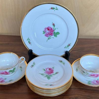 Small Lot Of Vintage Dresden Germany Pink Rose Cups, Saucers, And Side Plates