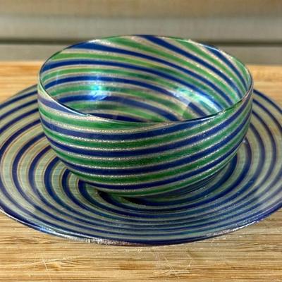 Hand Blown Art Glass Swirl Plate And Bowl