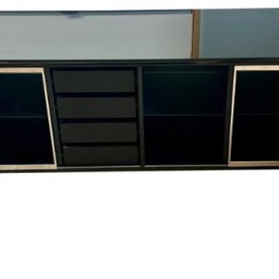 Italian Acerbis Modern Black Lacquer Sheraton Sideboard With Slide Front And Glass Shelves