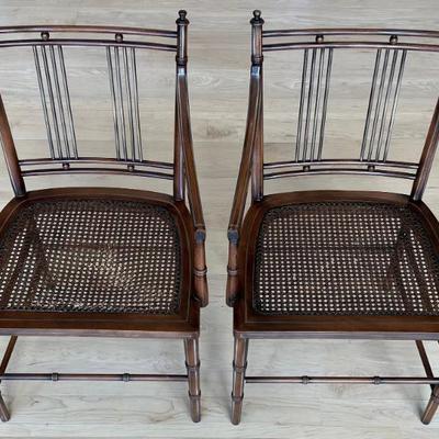 Pair Of Antique English Regency Style Cane Seat Faux Bamboo Wood Chairs