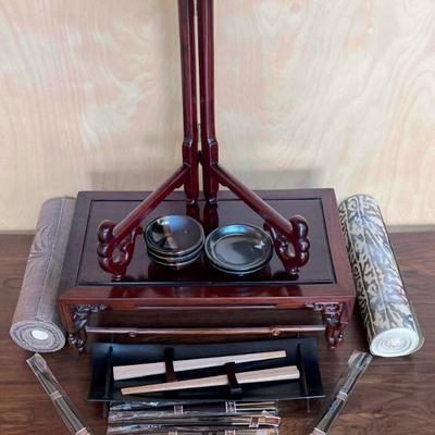 Asian Influence Lot - Wooden Chop Sticks, Sauce Dishes, Runners, Wooden Stands, And More