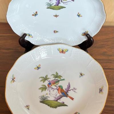 Vintage Hand Painted Herend Hungary Rothschild Bird Small Serving Bowl And Platter With 24k Gold Accents
