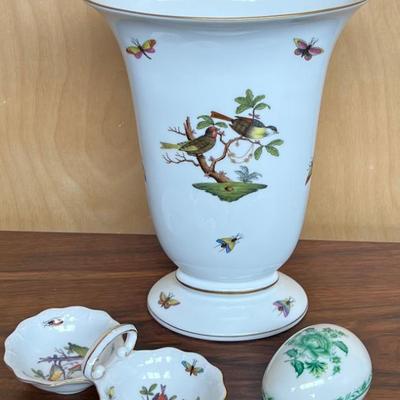 (3) Vintage Hand Painted Herend Hungary Porcelain Pieces - Egg Dish, Vase, Condiment Dish