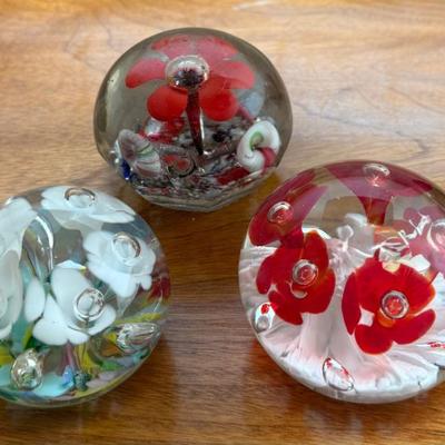 (3) Hand Blown Art Glass Flower Paper Weights - (2) St. Claire 1973 And 74, (1) As Is