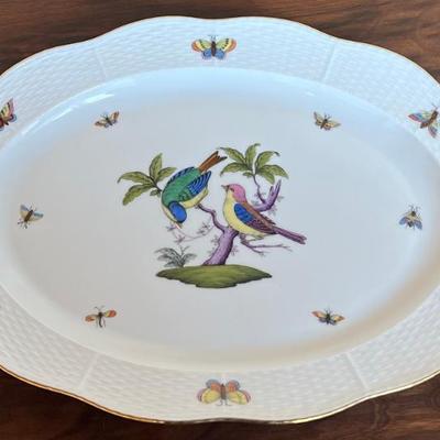 Vintage Hand Painted Herend Hungary Rothschild Bird Porcelain 14.25" Platter With 24k Gold Accents 