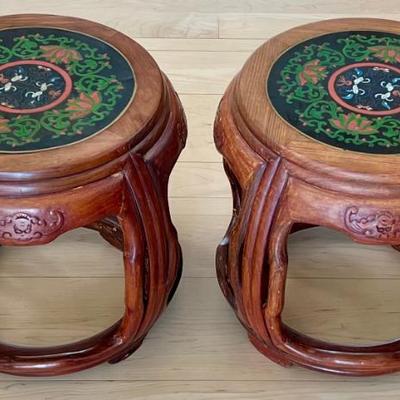 Antique Pair Of Rosewood And Lacquer Drum Stands With Etched Painted Tops  