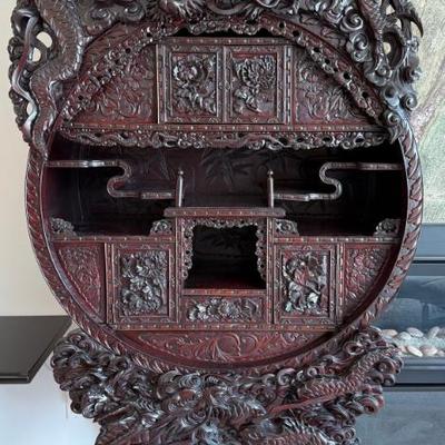 82 Inch Japanese Meiji 1868-1912 Dragon Moon 2-piece Carved Rosewood Cabinet 