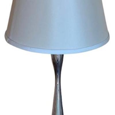 MCM White And Chrome Metal White Wood Base Table Lamp With Shade
