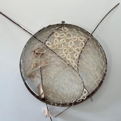 Cathleen Higgins Fiber Artist Abstract 23.5" Raw Hide And Bone Wall Hanging Sculpture With Metal Frame