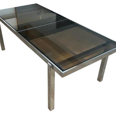 MCM Milo Baughman Chrome Extendable Dining Table With Heavy Glass Top