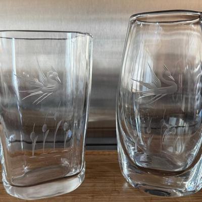 (2) Hand Blown Art Glass Vases - Etched Cranes (as Is)