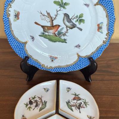 Vintage Hand Painted Herend Hungary Rothschild 3 Piece Dish Set And Blue Border Plate With 24k Gold Accents 