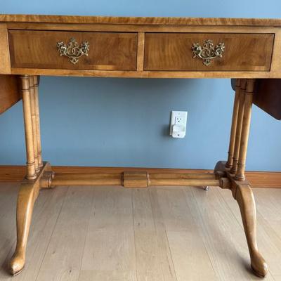 Baker Furniture Drop Leaf Georgian Walnut Burl 2 Drawer Table