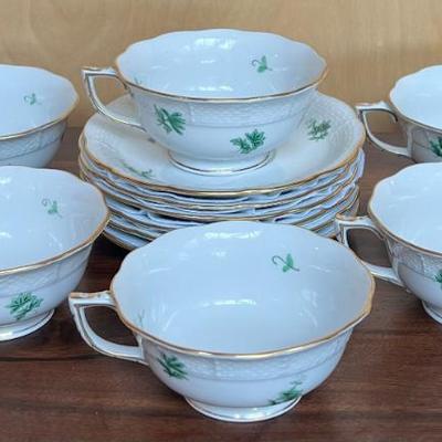 (6) Vintage Herend Hungary Hand Painted Porcelain Chinese Green Bouquet Cups And Saucers