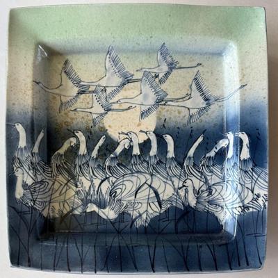 Kinichi Shigeno MCM Blue, Green, And White Ceramic Square Plate With Cranes